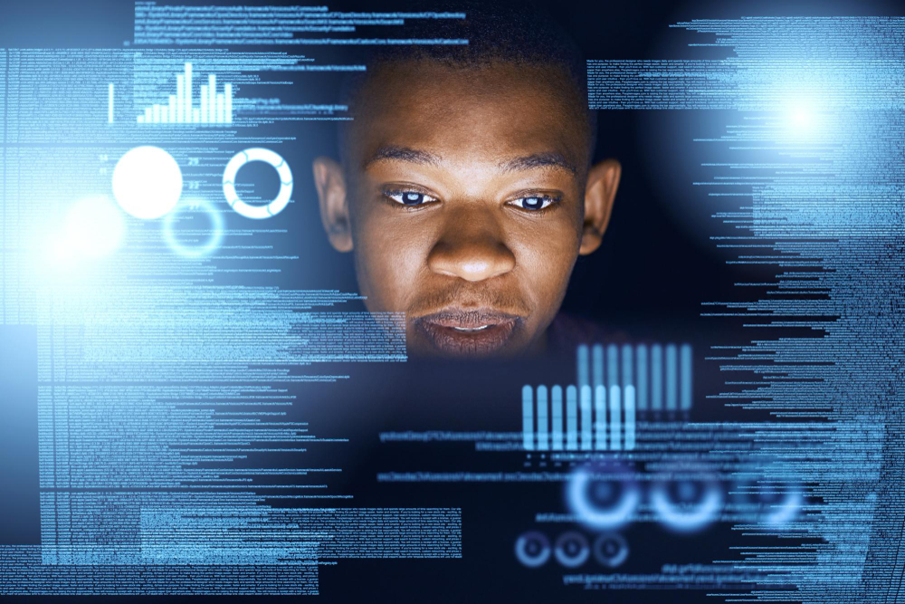 Digital portrait of a focused man surrounded by glowing blue code, data graphs and futuristic overlays, representing Facebook's unpredictable algorithm. Text reads: 'The Algorithm: Your Unreliable Business Partner'.