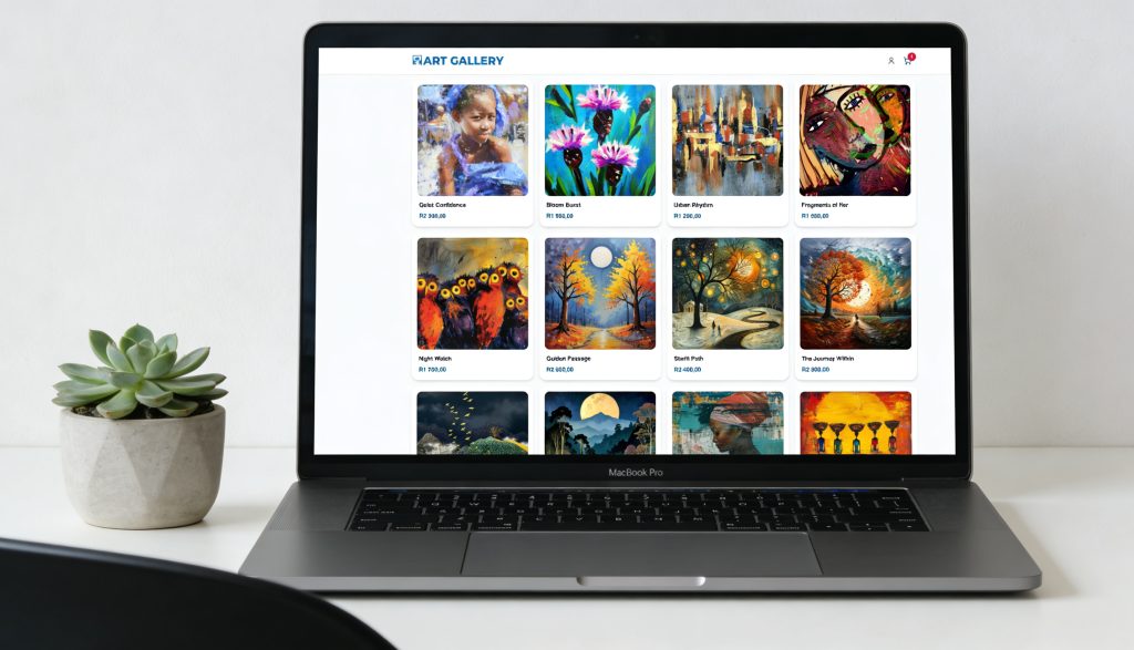 Modern MacBook Pro displaying a beautiful, professional art gallery online store built with AbuCart, showing a clean product grid of vibrant South African-inspired paintings with prices in Rands.