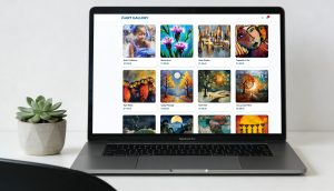 Modern MacBook Pro displaying a beautiful, professional art gallery online store built with AbuCart, showing a clean product grid of vibrant South African-inspired paintings with prices in Rands.